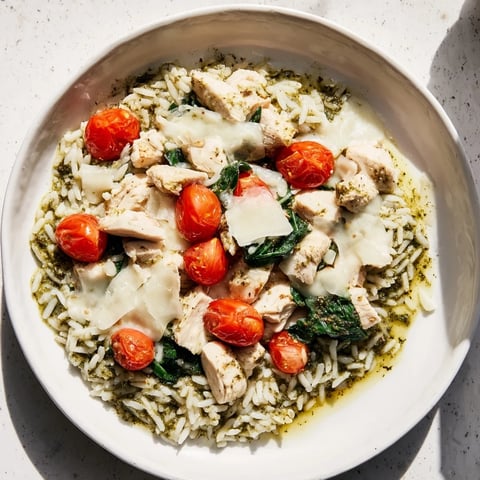 Chicken Pesto Rice Bake bubbling with melty mozzarella and juicy cherry tomatoes for a comforting dinner.