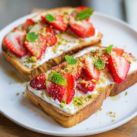 Strawberry Cheesecake Toast: golden toast topped with sweet cream cheese and macerated strawberries, a delightful treat.