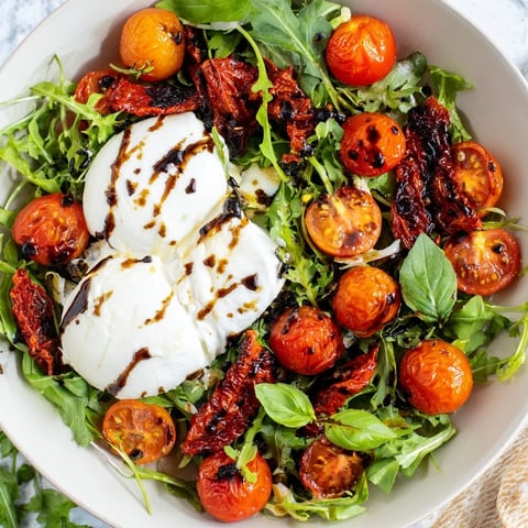 Vibrant Tomato Flight Salad with roasted tomatoes, creamy burrata, and fresh basil, a delicious Italian-inspired starter.
