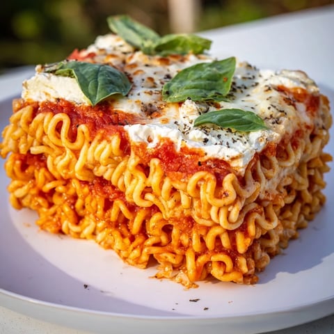 Ramen lasagna bubbling with melted cheese, a comforting fusion of Italian and Asian flavors.