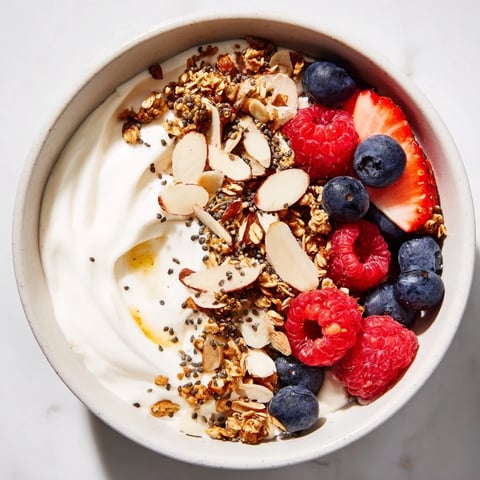 Creamy yogurt bowl, layered with fresh berries and crunchy granola, a perfect quick breakfast.