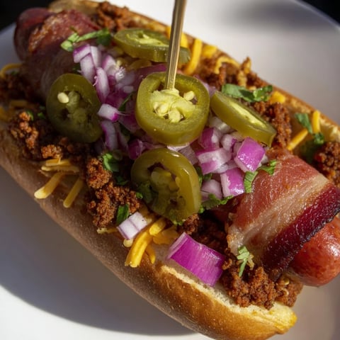 Mexican Hot Dogs piled high with crispy bacon, jalapeños, and melted cheese, perfect for a backyard cookout.