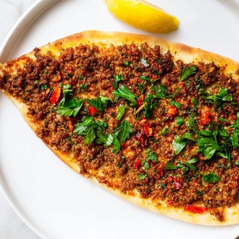 Golden, crispy Turkish Lahmacun flatbread topped with spiced meat and fresh, vibrant herbs.