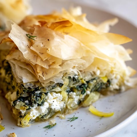 Golden, flaky Greek spanakopita, revealing a savory spinach and feta filling, ready to serve.