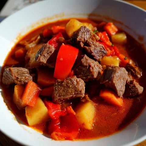 Golden brown beef cubes simmering in the rich, vibrant broth of this Hungarian Goulash stew.