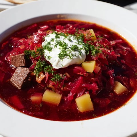 Steaming Ukrainian borscht soup, a hearty bowl of beet-red goodness garnished with sour cream and fresh dill.