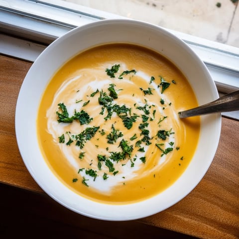 Creamy roasted carrot soup with ginger garnished with fresh parsley and a swirl of cream in a rustic bowl.