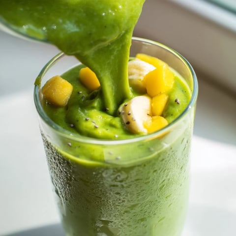 Creamy green Spinach-Hidden Smoothie in a glass garnished with mango chunks and a mint sprig.