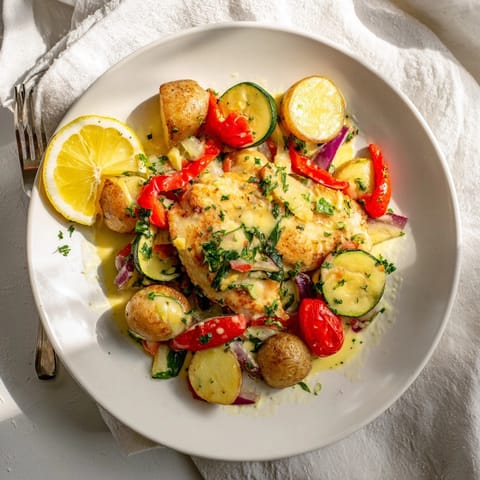 Top-down view of fresh lemon butter tilapia sheet pan, showcasing flaky fish and vibrant veggies.