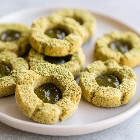 Freshly baked matcha cranberry thumbprint cookies, a festive delight with a sweet cranberry filling.