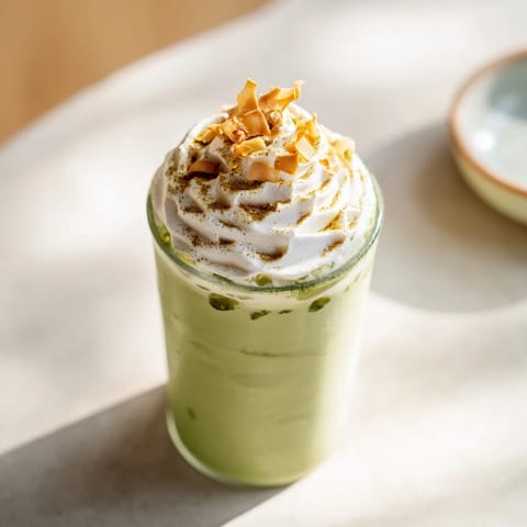 A creamy Toasted Coconut Gingerbread Iced Matcha latte, topped with whipped cream and cinnamon.