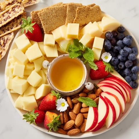 Golden honey drips over a vibrant Bears Honey Pot Board with assorted snacks for dipping.