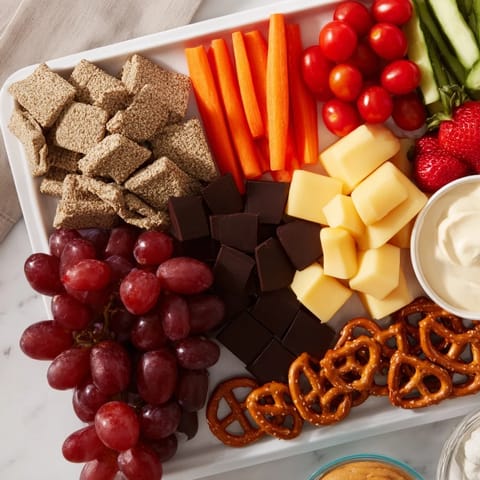 Delightful Fox & Friends snack tray arrangement: colorful fresh veggies and cheese cubes alongside grapes.