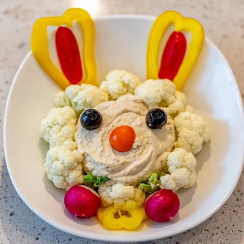 This festive Bunny Meadow Veggie Board features a smiling veggie bunny surrounded by fresh, delicious vegetables, perfect for a party.