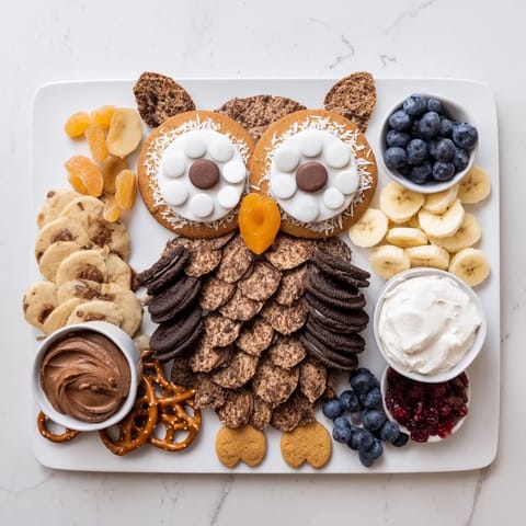 This whimsical Owl Hooting Dessert Board presents creative owl shapes made using tasty sweets and fruits.