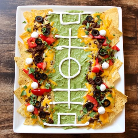 This creative Soccer Field Nacho Platter offers layers of cheesy goodness with black bean and beef.