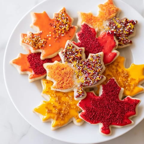 Close-up of a festive maple leaf cookie decorating kit, showing a variety of icings and sprinkles.