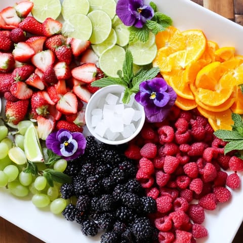 A bright, colorful Bubbly Bar Garnish Platter overflowing with fresh fruits and herbs for the New Year's.