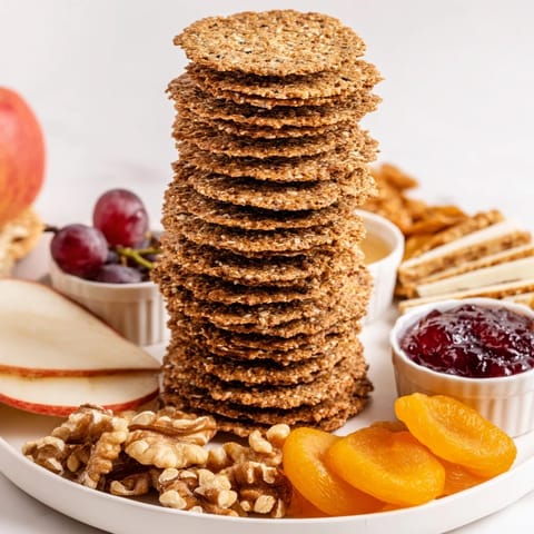 Artisan Gourmet Crackers tower, a delicious appetizer with colorful preserves and fresh fruits.