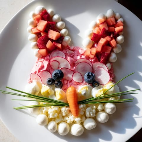 This Bunny Silhouette recipe displays a vibrant, spring-themed appetizer with fresh, colorful ingredients.