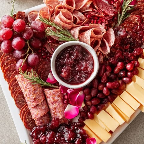 This "Crimson Crest" charcuterie features red wine-infused cheeses, cured meats, and fresh garnishes ready to be enjoyed.