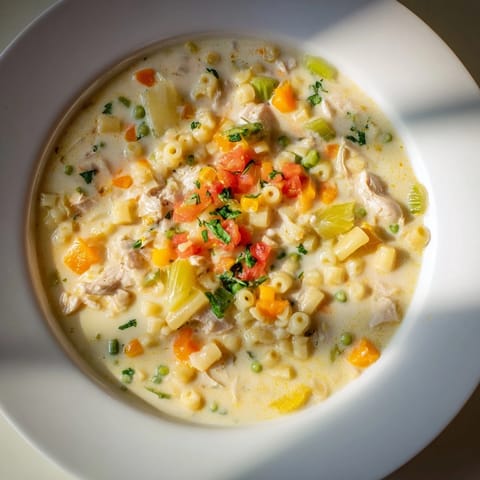 A steaming bowl of Chicken Pot Pie Pasta Soup with visible vegetables and tender chicken.