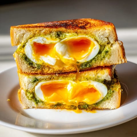 Warm, toasted Pesto Egg Grilled Cheese sandwich; the gooey cheese and pesto egg filling looks mouthwatering.
