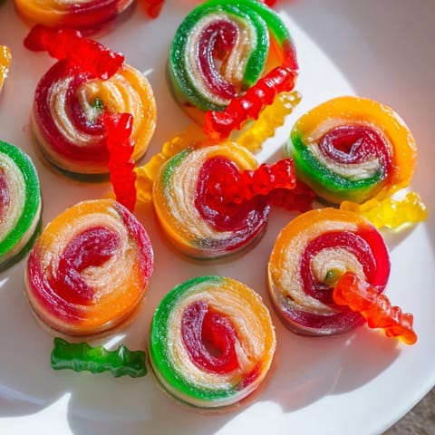 Freshly cut Rainbow Candy Roll Ups showing a delightful array of colorful gummy bears and rainbow layers, ready to eat.