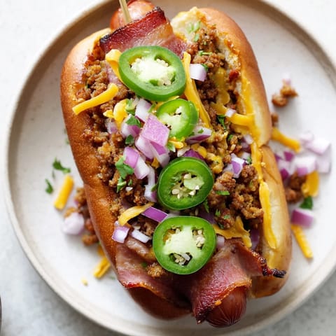 A close-up of sizzling, juicy Mexican Hot Dogs showcasing the spicy ground beef and bacon-wrapped exterior.