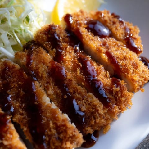 A close-up of Chicken Katsu Crispy Cutlet shows panko crumbs glistening next to lemon wedges and rice.  