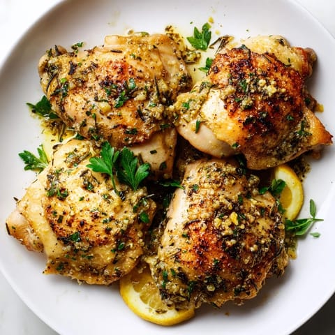 Juicy Garlic Butter Chicken Thighs served on a platter, garnished with fresh parsley and lemon wedges for a bright, tangy finish.