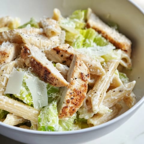 A vibrant Caesar pasta chicken bowl garnished with Parmesan, garlic croutons, and juicy cherry tomatoes.