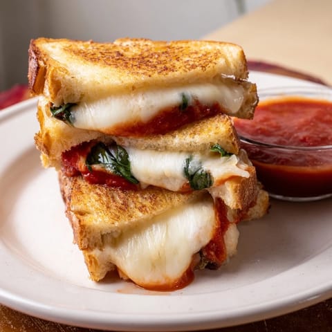 Warm, crispy Caprese Grilled Cheese Dippers, cut into strips and served with a vibrant bowl of tangy marinara sauce.