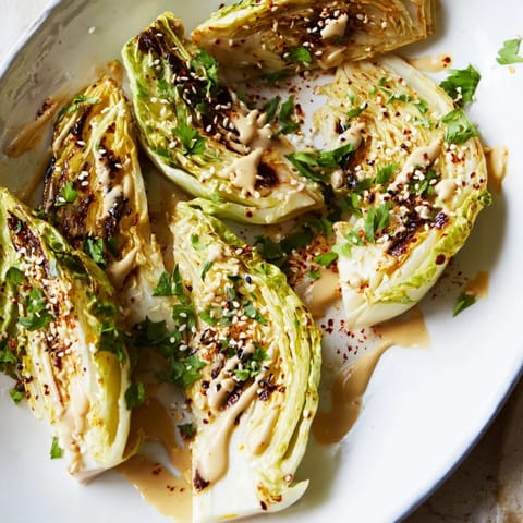 Tender, caramelized cabbage wedges are drizzled with nutty tahini sauce and garnished with fresh cilantro and paprika.