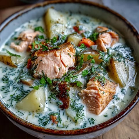 Creamy Finnish Salmon Soup with tender salmon chunks, potatoes, and fresh dill served steaming in a rustic bowl.