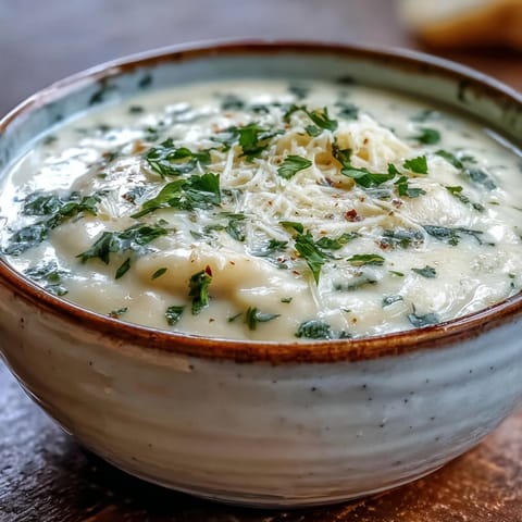 A pot of simmering White Bean and Parmesan Soup with aromatic vegetables, ready to be blended into a smooth, comforting Italian-inspired dinner.