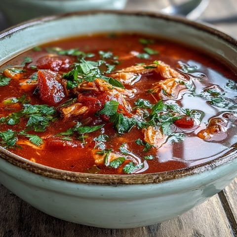Hot Tuna and Tomato Soup in a rustic bowl with steam rising, garnished with fresh parsley.