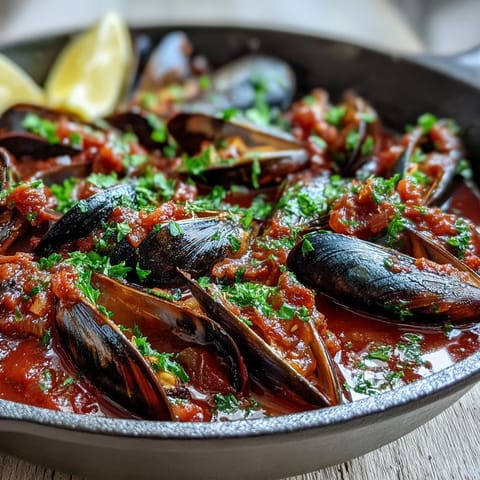Freshly steamed Smoky Mussels Pomodoro garnished with parsley and lemon wedges on a rustic white plate.