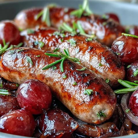Caramelized grapes and onions bubbling beside roasted sausages, served hot from the oven.