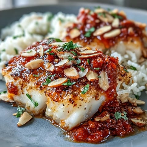 Sizzling Mediterranean tomato-roasted cod with crunchy almonds served over fluffy ginger rice and bright lemon wedges.