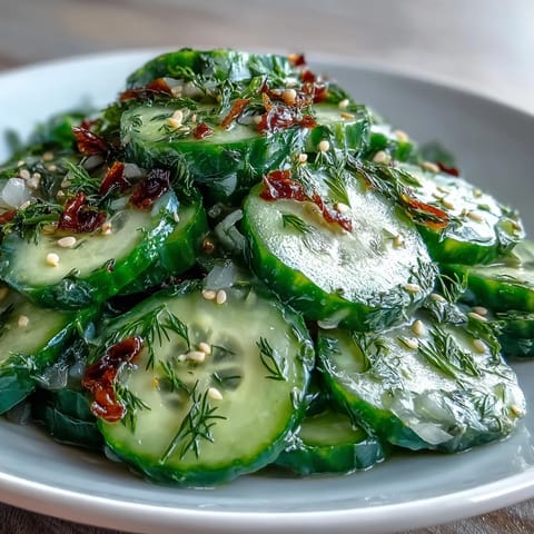 A bowl of Refreshing Crunchy Cucumber Salad featuring crisp cucumber slices, red onion, and a tangy vinegar dressing.