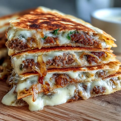 A close-up of Cheesy Griddled Smashburger Quesadillas with crispy edges, beef patties, and a creamy sauce drizzle.