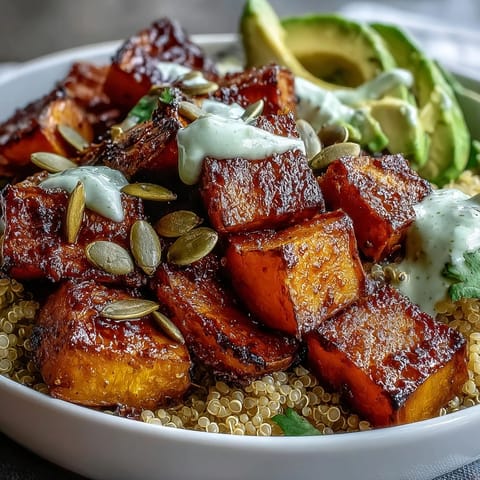 Roasted butternut squash steak bowl garnished with creamy avocado, red onion, and toasted pepitas.