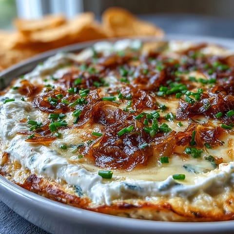 Creamy Smoked Gouda & Onion Dip is garnished with fresh chives, paired with colorful raw vegetables like peppers and carrots on the side.