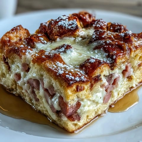Layers of cinnamon-soaked bread, ham, turkey, and melty Swiss cheese in a baked Monte Cristo Breakfast Casserole slice.