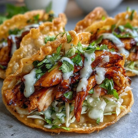 Hearty Crispy Chicken Wonton Tacos topped with fresh cilantro and green onions, ready to be enjoyed with lime wedges.