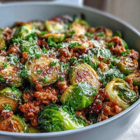 Tender Brussels sprouts and seasoned ground turkey are mixed in a skillet, perfect served over steamed rice for a hearty meal.