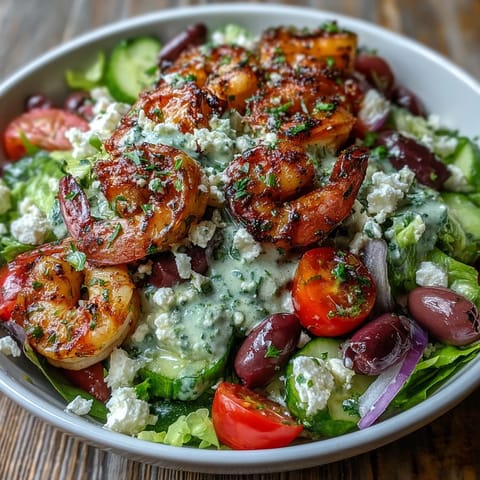 A vibrant Greek Shrimp Bowl featuring juicy grilled shrimp, crisp cucumber, and a zesty lemon-olive oil dressing.