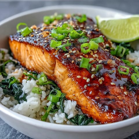 A finished Miso Glazed Salmon Bowl topped with fresh green onions and lime wedges next to chopsticks.