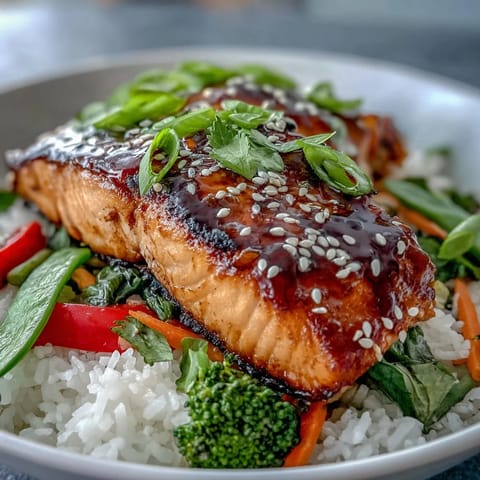 Golden-brown teriyaki salmon bowl with fluffy rice and crisp stir-fried vegetables, garnished with sesame seeds and green onions.